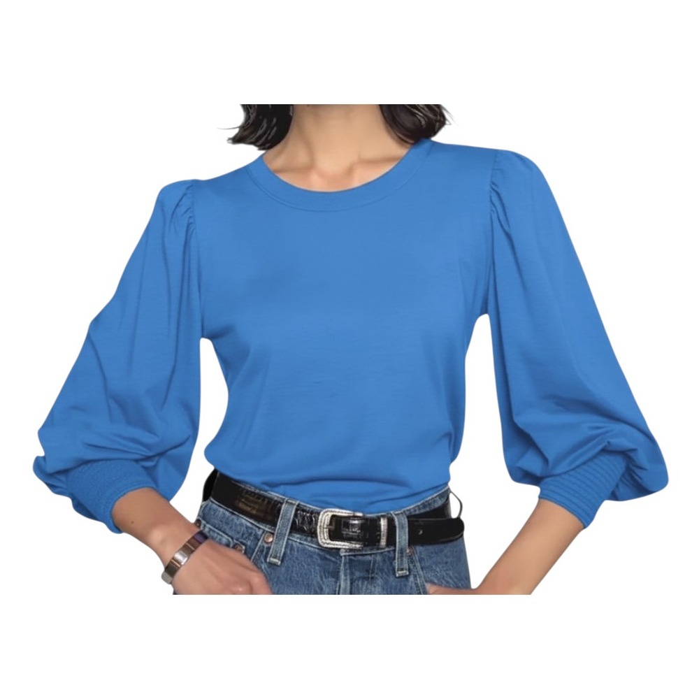 NATION LTD Bright Lapis Blue LOREN PEASANT TOP Smocked Cuffs PULL SLEEVES Pima M